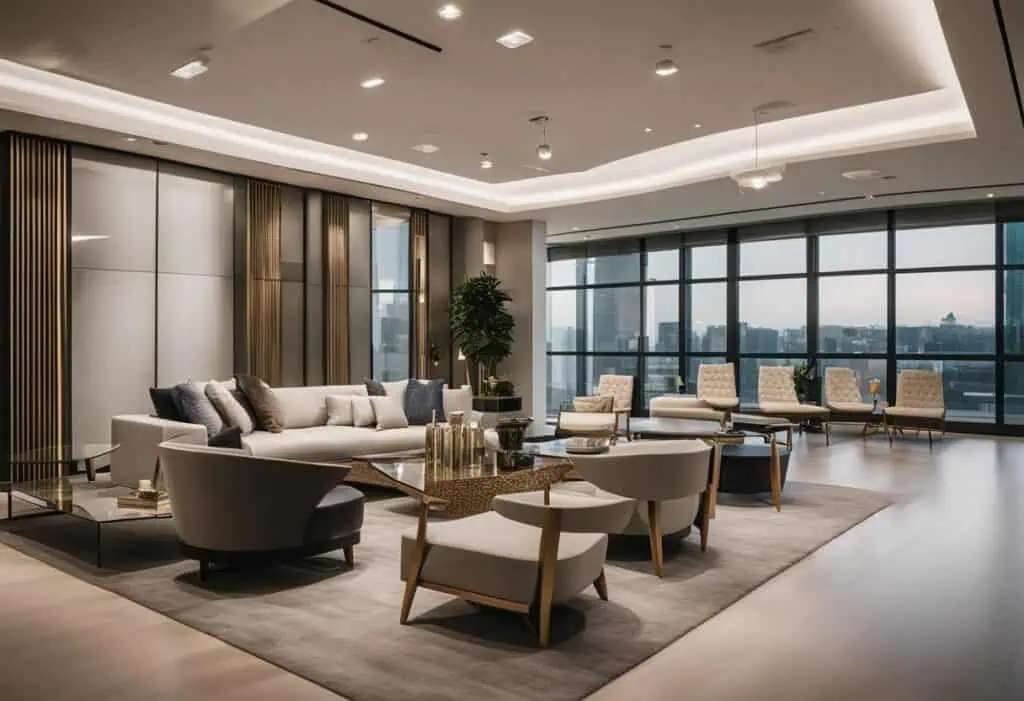 Elegant modern designer lounge with stylish furniture and panoramic city views in Singapore.