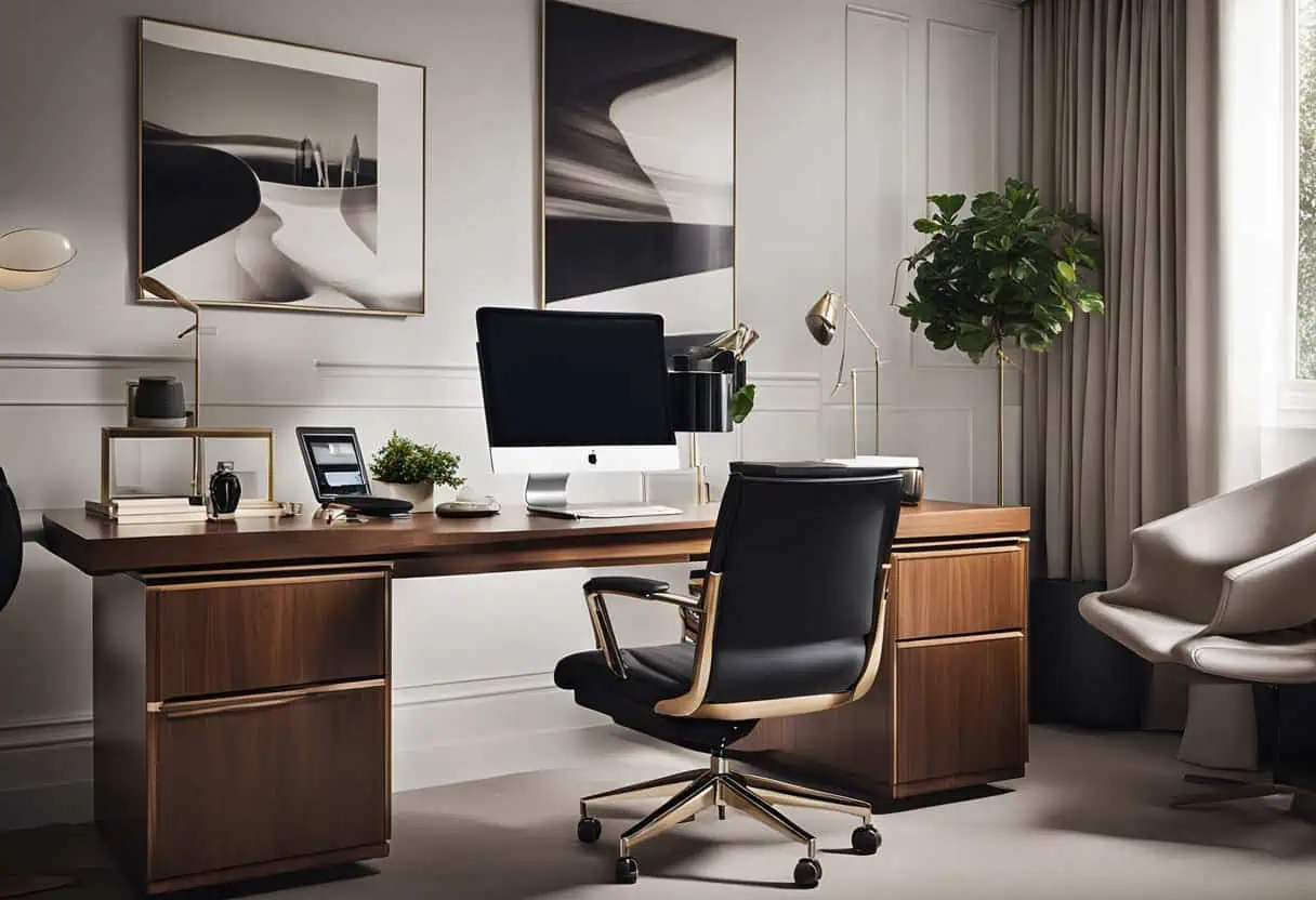 Ergonomic designer office chair in a stylish home workspace setup. Perfect for elevating your home o.