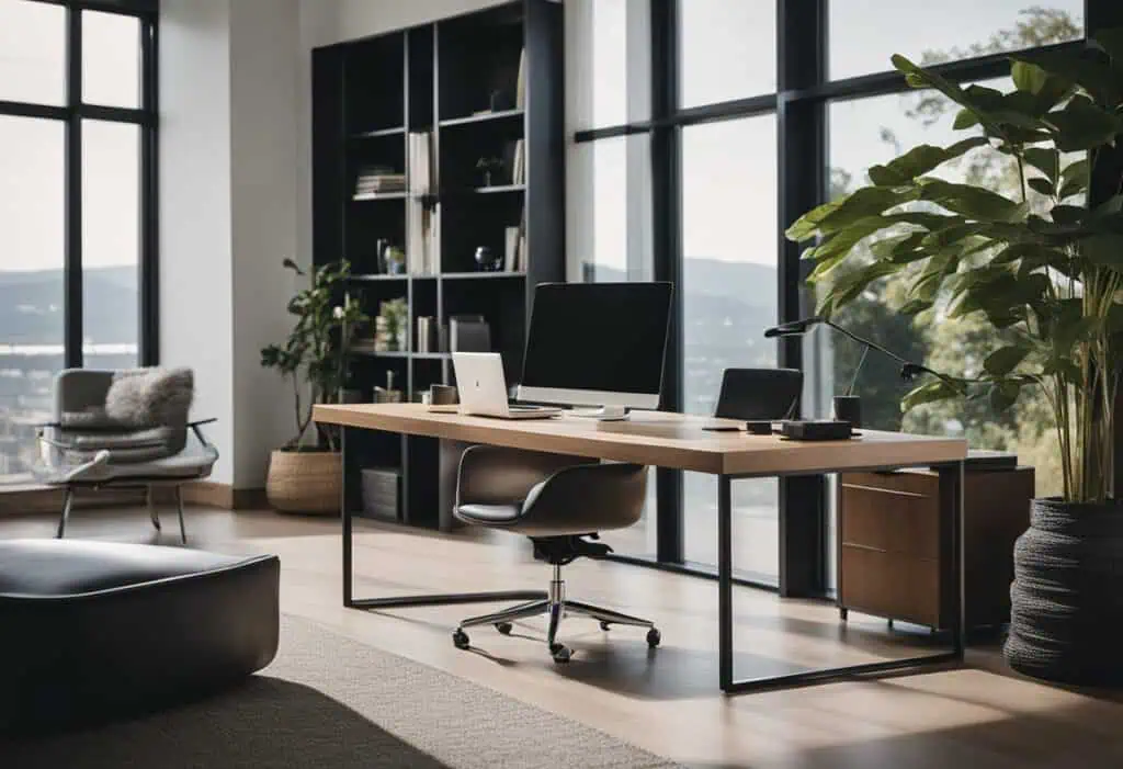 Stylish home office with modern desk, ergonomic chair, and large windows.