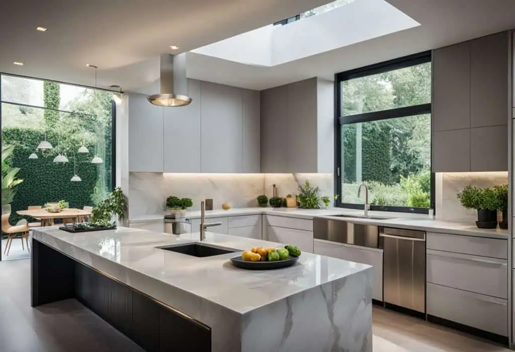 Designer kitchen sink in a sleek, modern kitchen with marble countertops and large windows.
