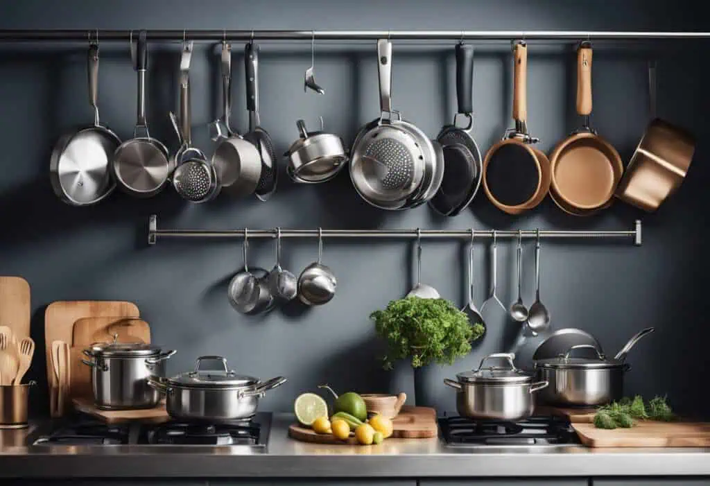 High-quality stainless steel and wooden kitchen utensils hanging on a sleek dark wall. Perfect for m.