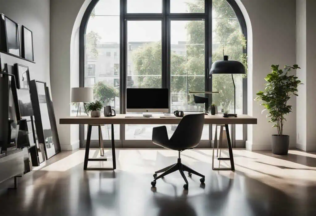 Stylish office workspace with large arched window, modern desk, and ergonomic chair.