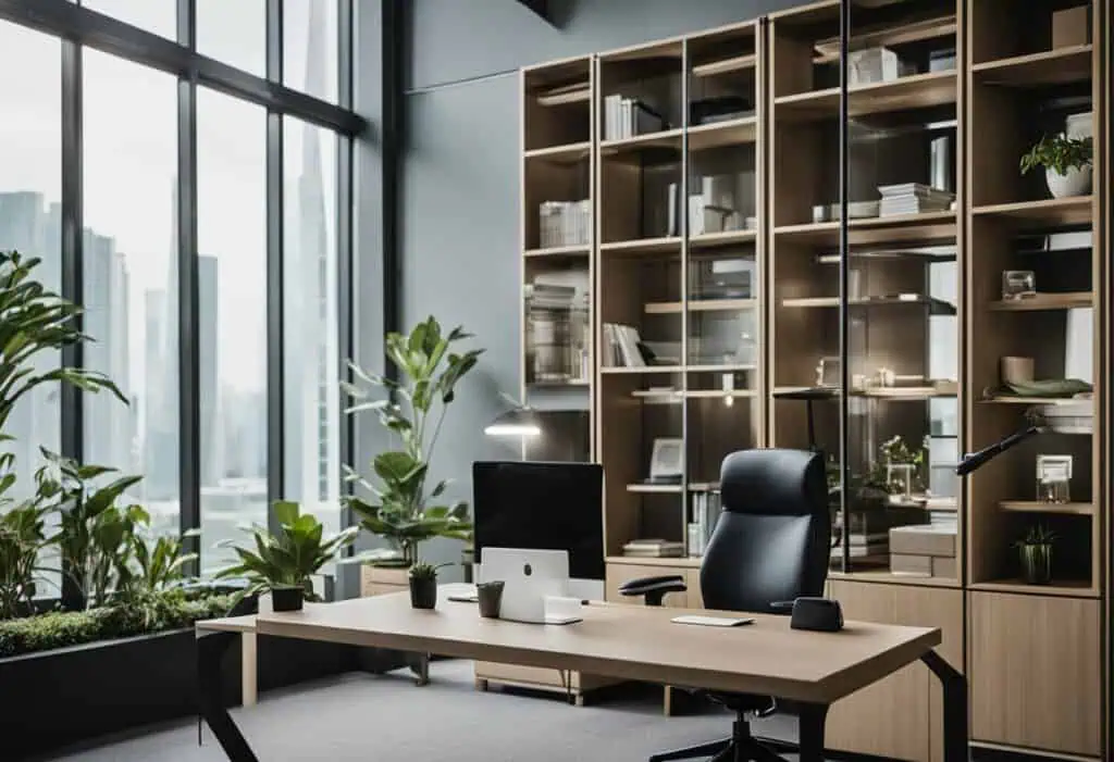 Office bookshelf with organized books and decor in a stylish workspace.