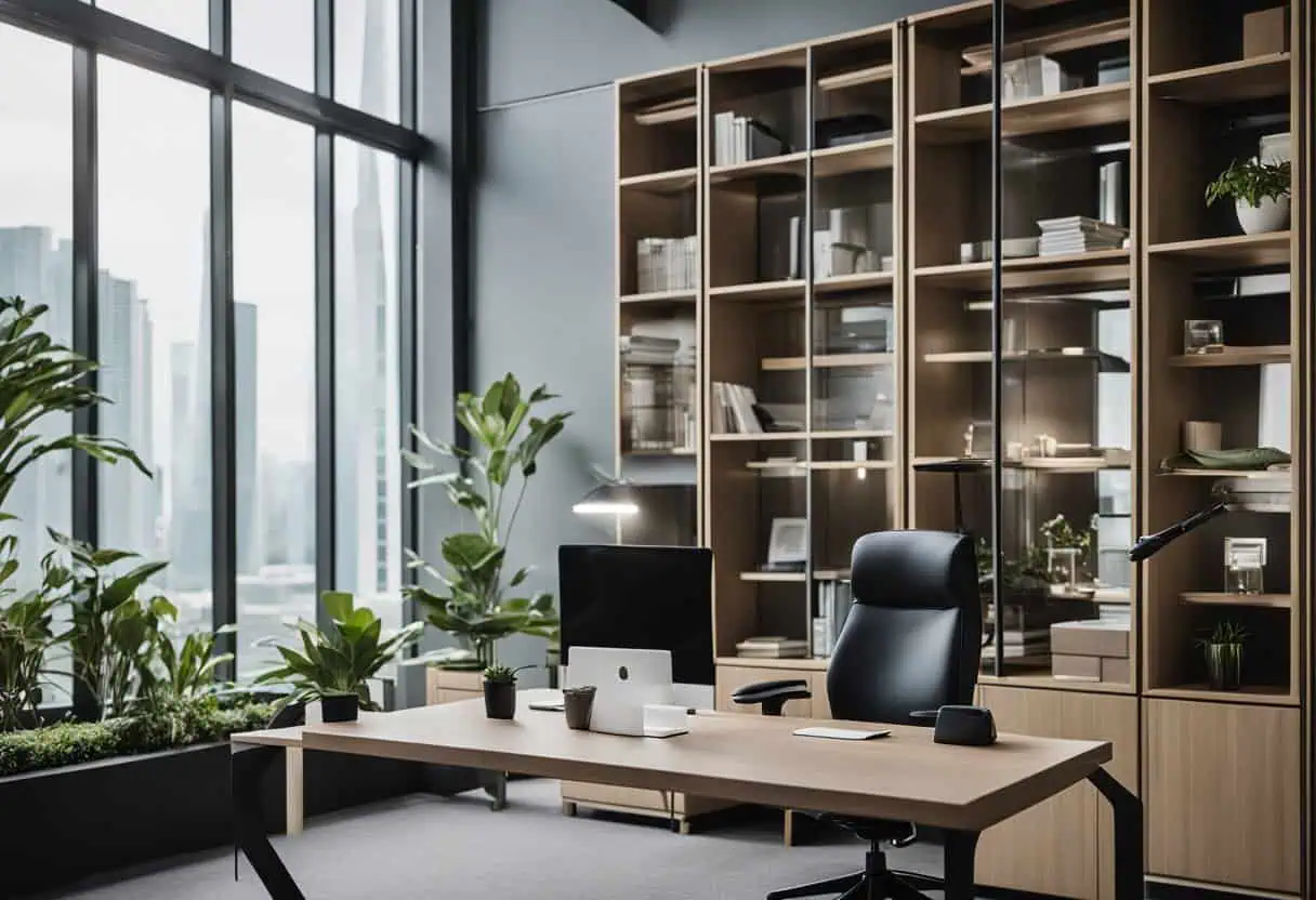 Office bookshelf with organized books and decor in a stylish workspace.