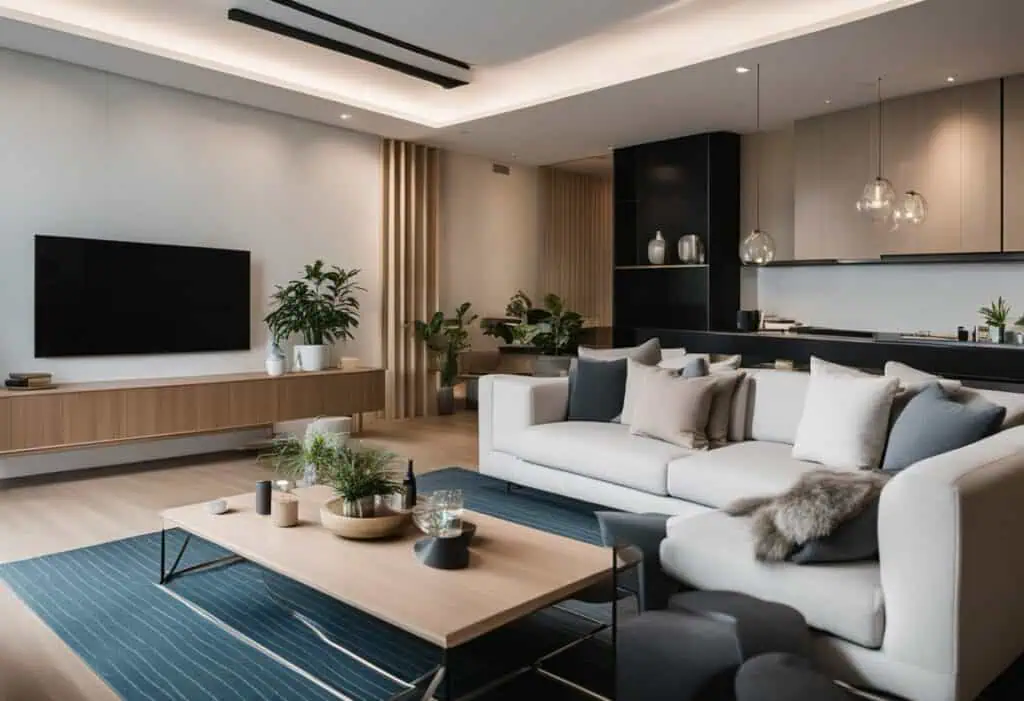 Stylish modern living room featuring designer replica furniture in neutral tones.