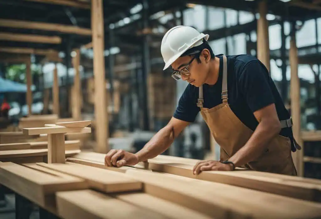 Skilled carpenter shaping wood in a professional workshop environment.