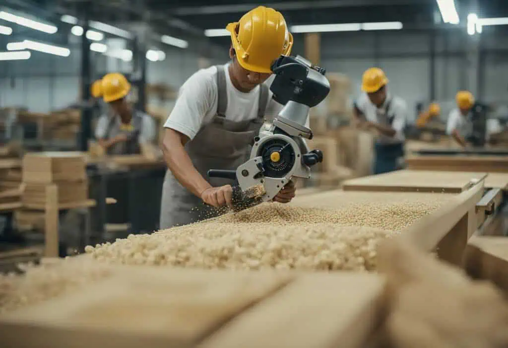 Skilled worker using saw for custom furniture in Singapore factory.