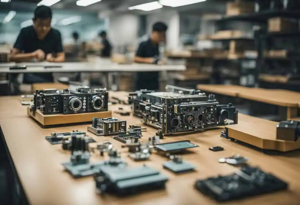 Professional camera parts and accessories laid out on a table in a workshop.