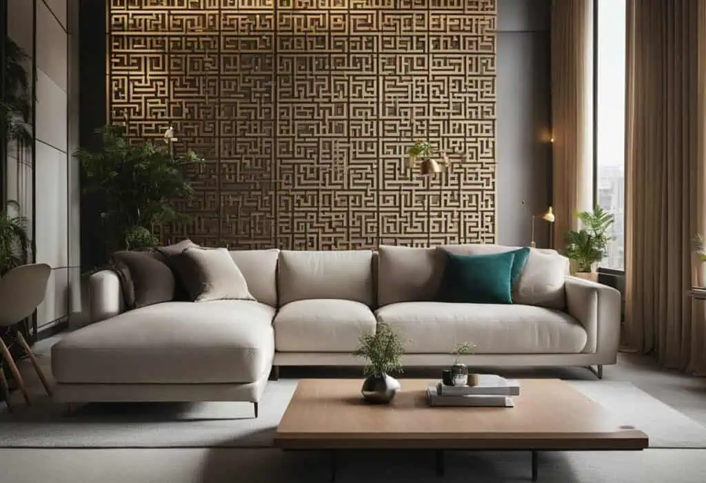 Modern beige sofa in elegant living room with decorative wall panel and lush greenery.