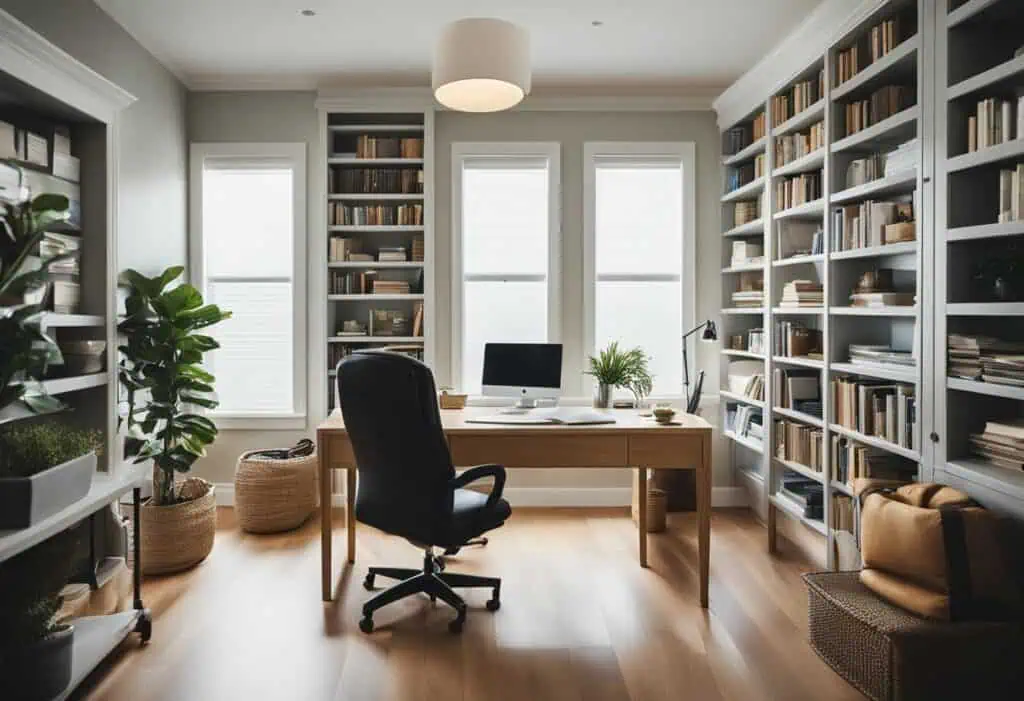 Bright home office with bookshelves, desk, and ergonomic chair for a functional workspace.