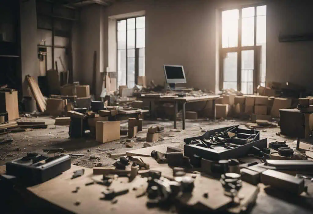 Cluttered home office with scattered boxes and debris after renovation.