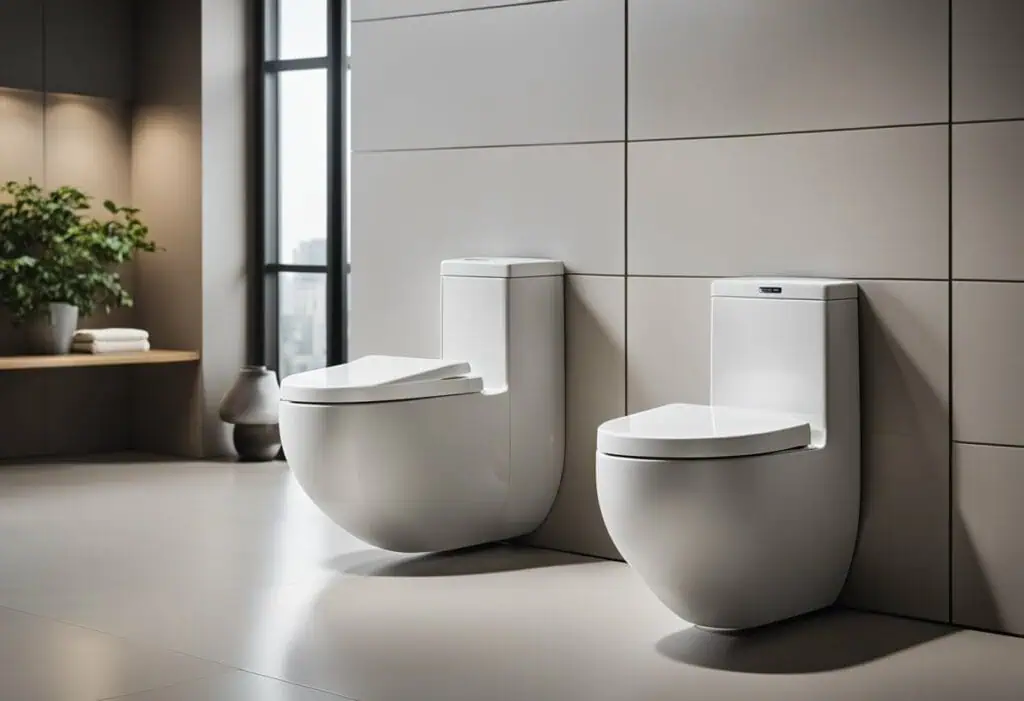 Elegant white dual-flush toilets with sleek, contemporary look for budget-friendly bathroom renovati.