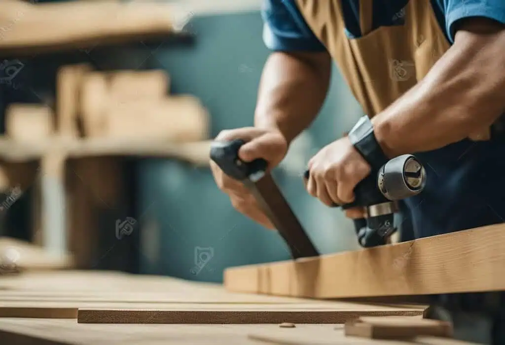 Skilled carpenter fitting a wooden door in a workshop setting.