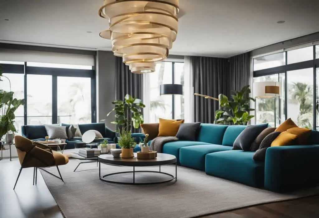 Luxurious contemporary living room featuring vibrant sofas, sleek decor, and large windows for a bri.