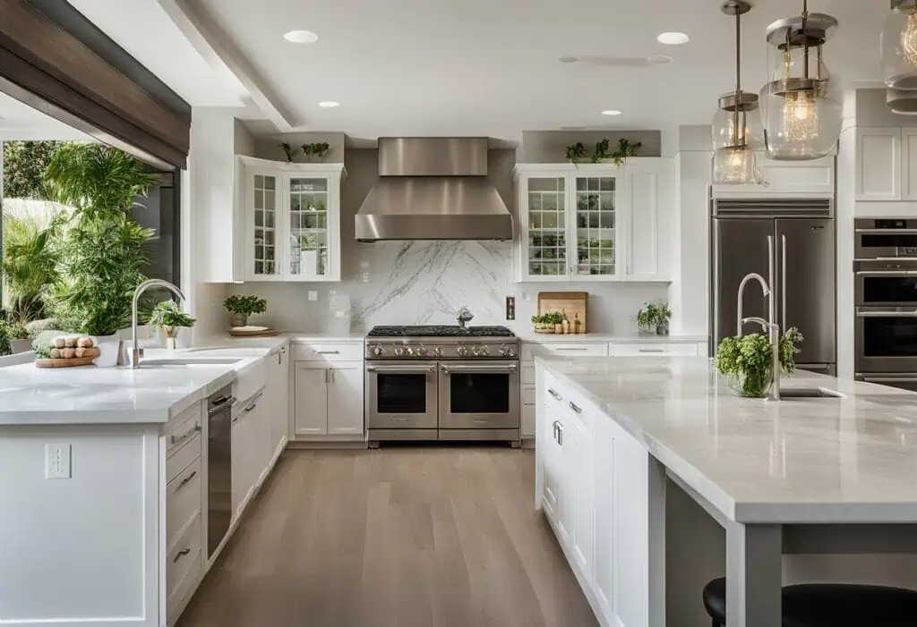 Bright, spacious kitchen featuring sleek white cabinetry and contemporary design.