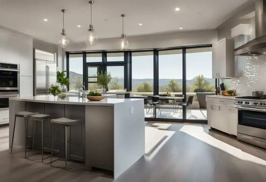Bright, spacious kitchen featuring large windows, sleek white cabinetry, and a central island for a.
