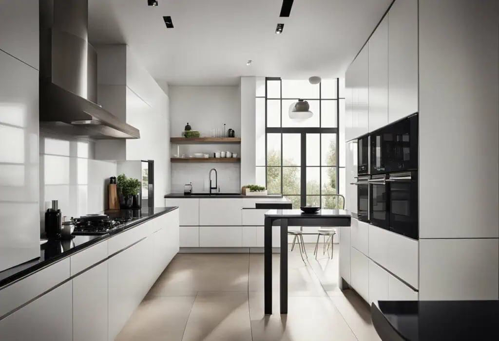 Bright white dry kitchen with sleek cabinetry and ample natural light, perfect for maximizing space.