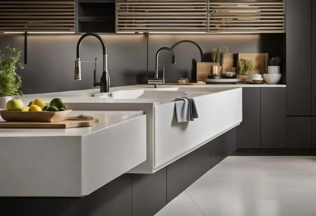 Elegant small kitchen with sleek black cabinetry, white countertop, and functional double sink setup.