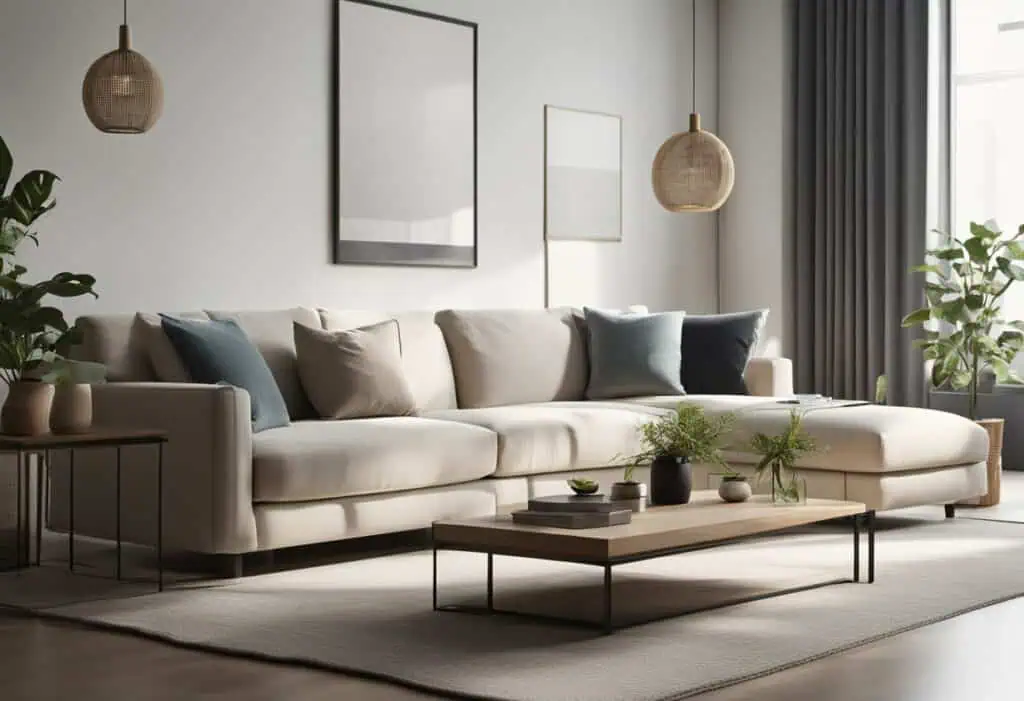Elegant beige sofa with blue and gray cushions in a contemporary living space.