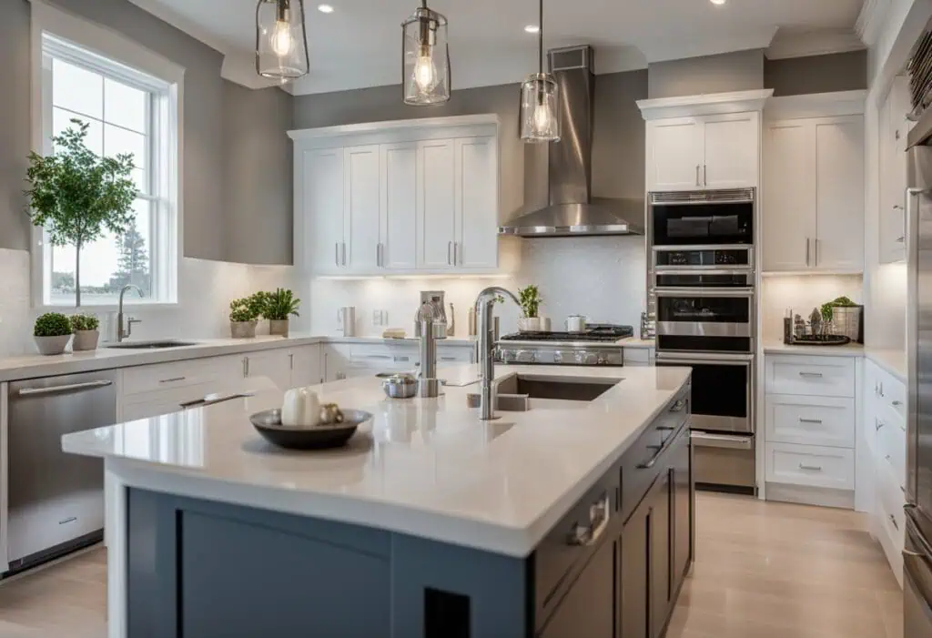 Stylish kitchen design featuring white cabinets, a spacious island, and contemporary lighting.