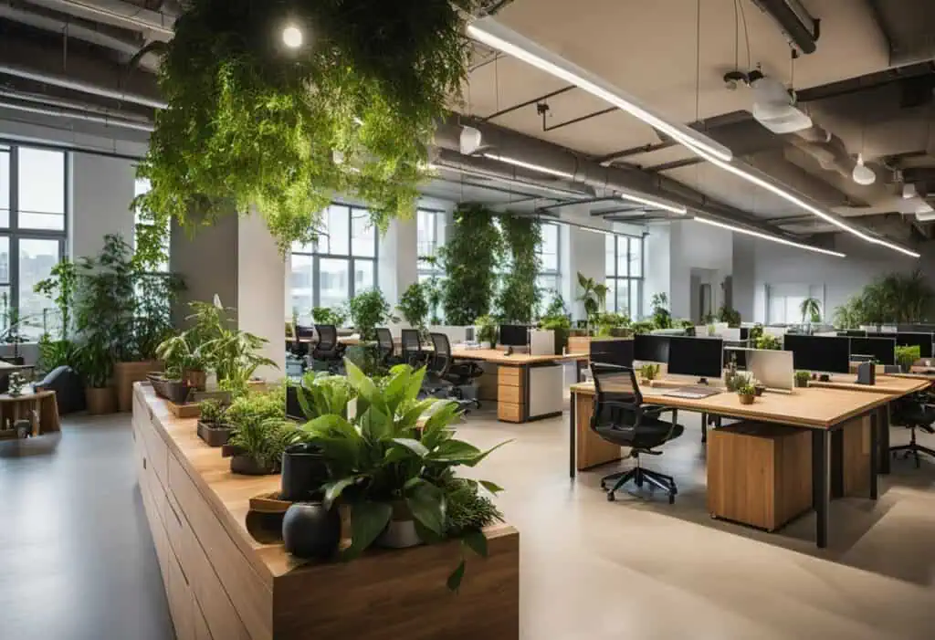 Sustainable office design featuring lush plants, natural lighting, and eco-conscious decor for a gre.