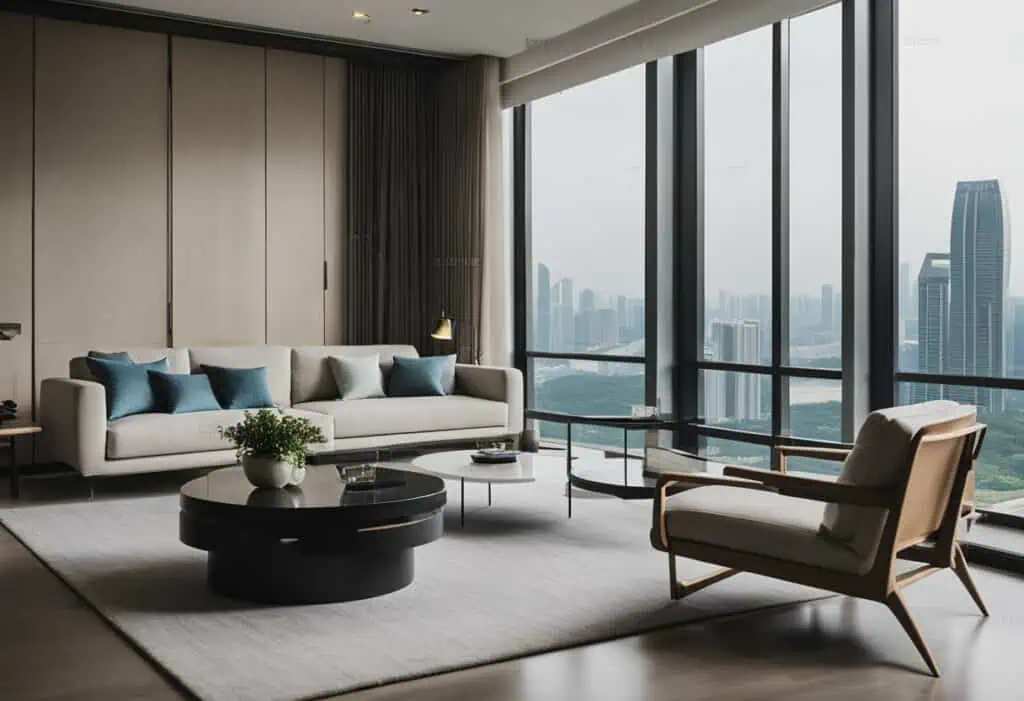Stylish contemporary sofa and armchair in a high-rise apartment with panoramic city skyline views.