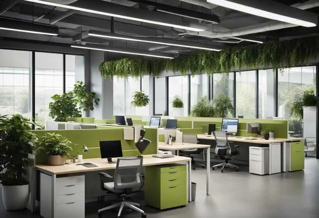 Efficient office design featuring ergonomic desks, lush plants, and natural light to boost employee.