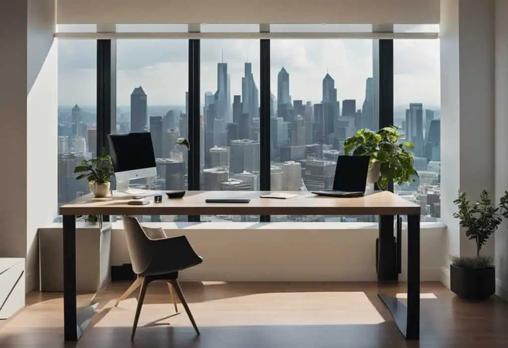 Elegant office workspace with large windows overlooking a bustling city skyline. Perfect for product.