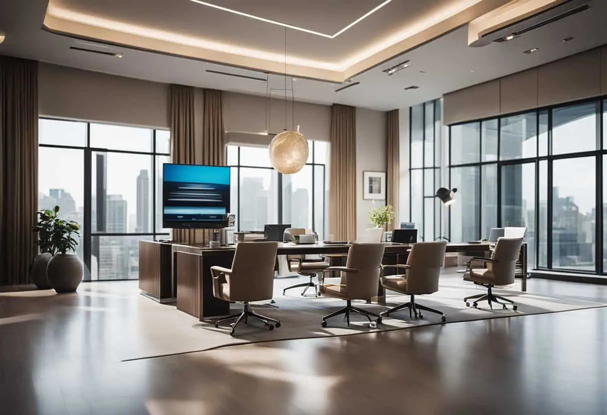 Office interior with modern furniture and large windows for a bright, professional workspace.