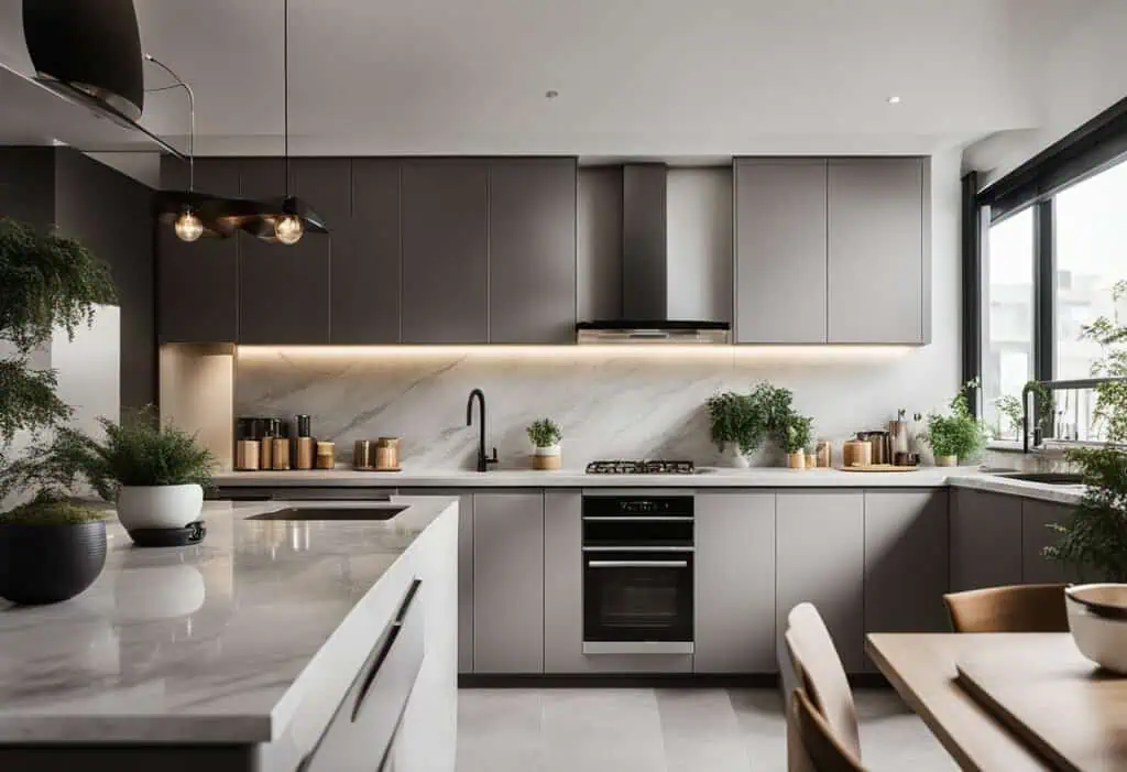Elegant Small Kitchen with sleek gray cabinetry and efficient layout.