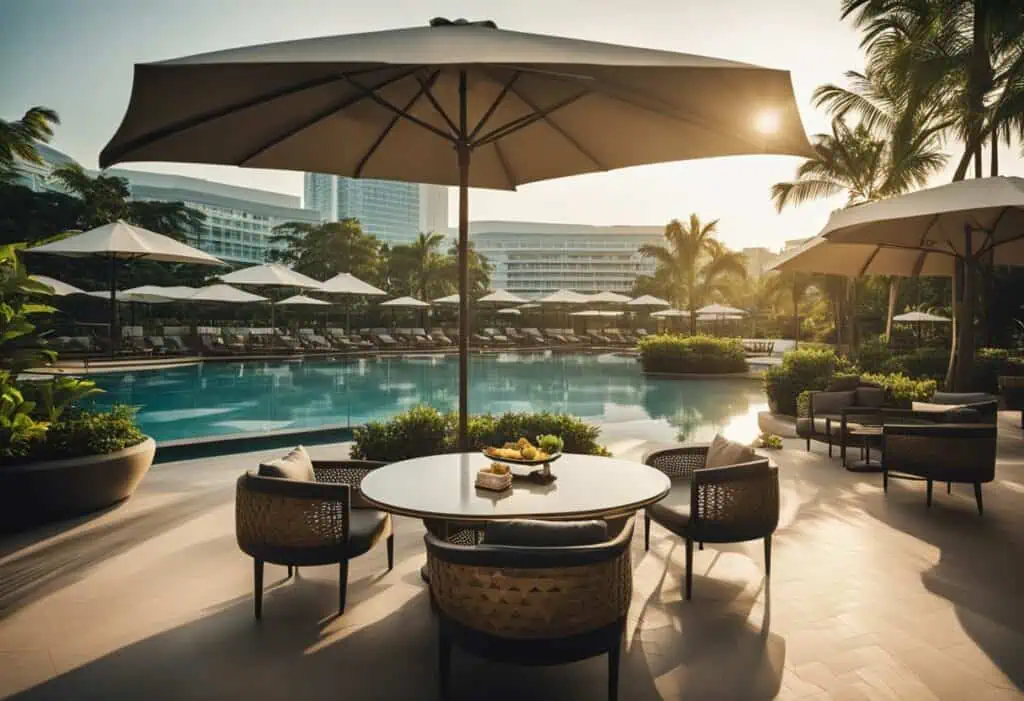 Outdoor poolside furniture with umbrellas at Empire Resort, Singapore.