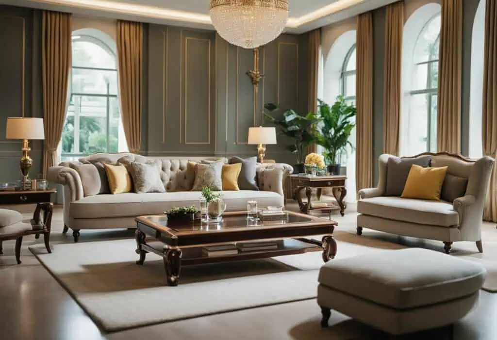 Elegant English style furniture in a sophisticated living room with plush sofas, classic wooden tabl.