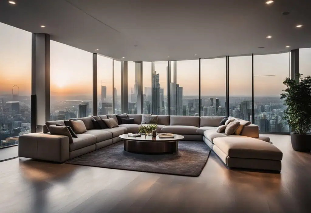 Elegant city skyline view from a stylish living room in Singapore.