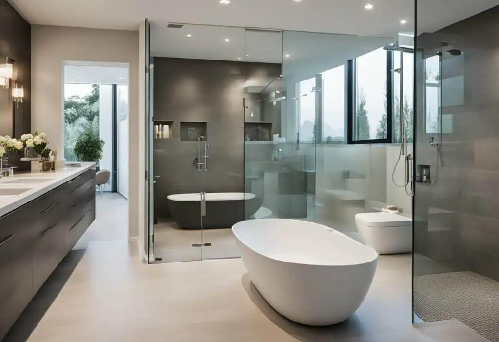 Elegant bathroom featuring a freestanding bathtub, glass shower enclosure, and contemporary design e.
