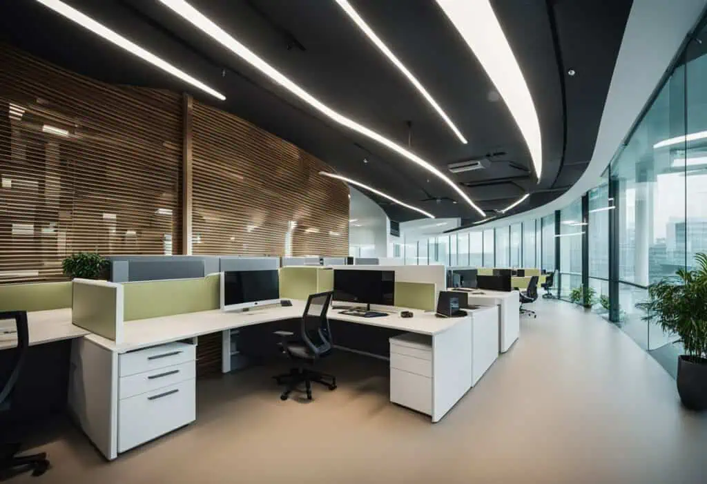 Ergonomic office desks and chairs in a contemporary Singapore office environment.