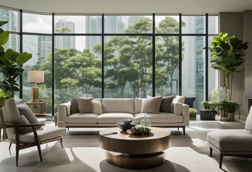 Spacious living room featuring contemporary furniture, large glass windows, and a view of lush trees.