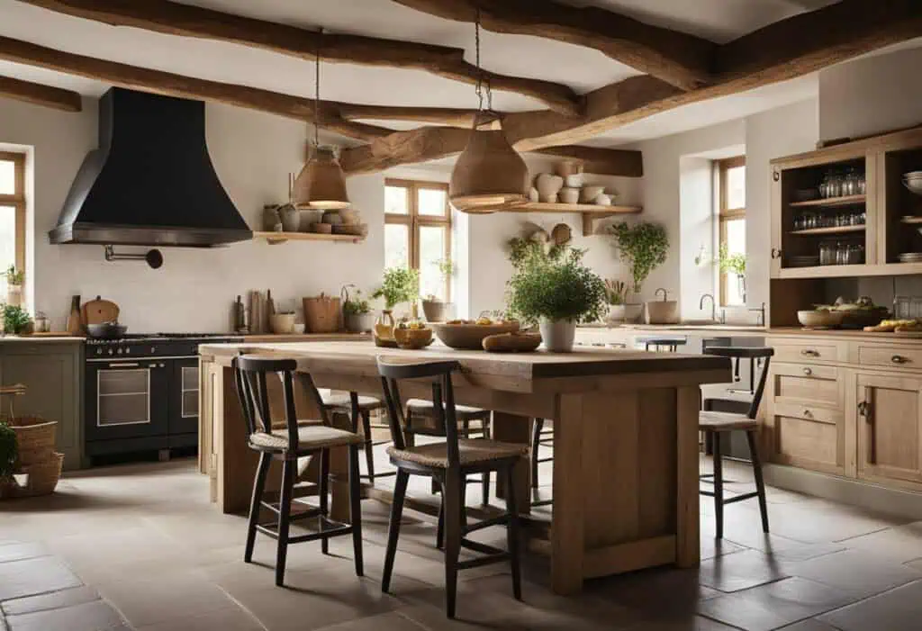 Charming rustic kitchen with wooden beams and modern design elements.