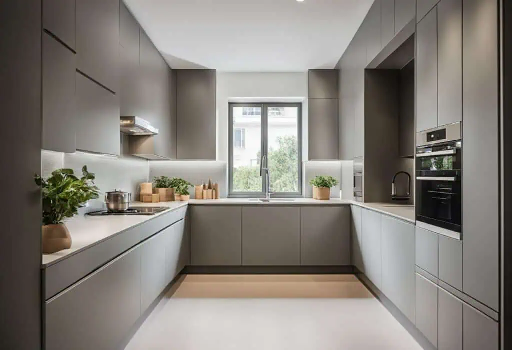 Sleek gray European kitchen cabinets with minimalist design and modern appliances.