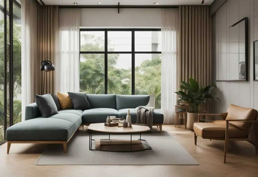 Modern living room featuring timeless evergreen furniture pieces in a bright, stylish space.