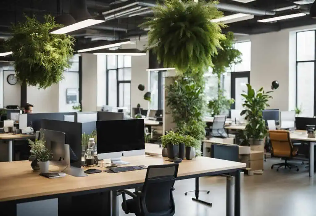 Contemporary office space featuring lush hanging and potted plants with large windows and natural li.