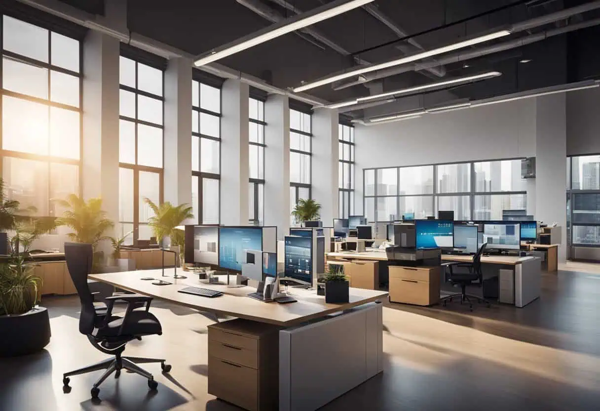 Bright, contemporary office with spacious desks, ergonomic chairs, and large windows offering stunni.