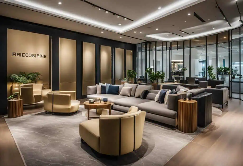 Elegant office lounge featuring plush sofas, armchairs, and stylish decor for a professional yet coz.