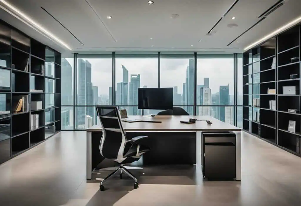 Executive office furniture in Singapore with a sleek desk and ergonomic chair, overlooking a vibrant.