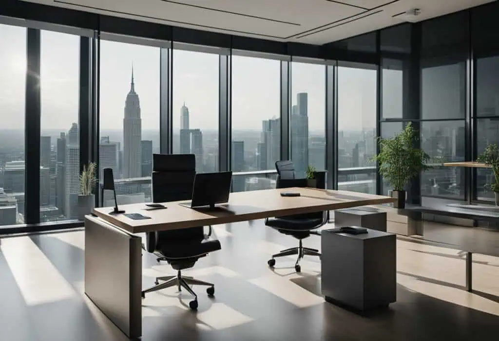 Executive office design with large windows and city skyline backdrop.