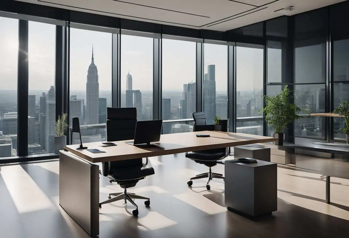 Executive office design with large windows and city skyline backdrop.
