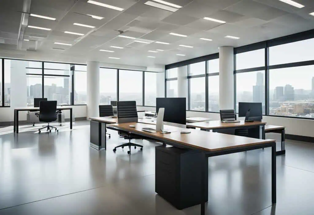 Bright, spacious office design featuring large windows and contemporary furniture for a professional.