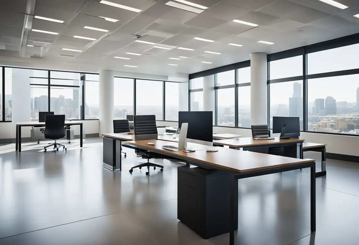 Bright, spacious office design featuring large windows and contemporary furniture for a professional.