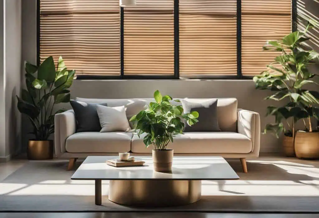 Stylish living room with sofa, plants, and wooden window blinds in a contemporary space.