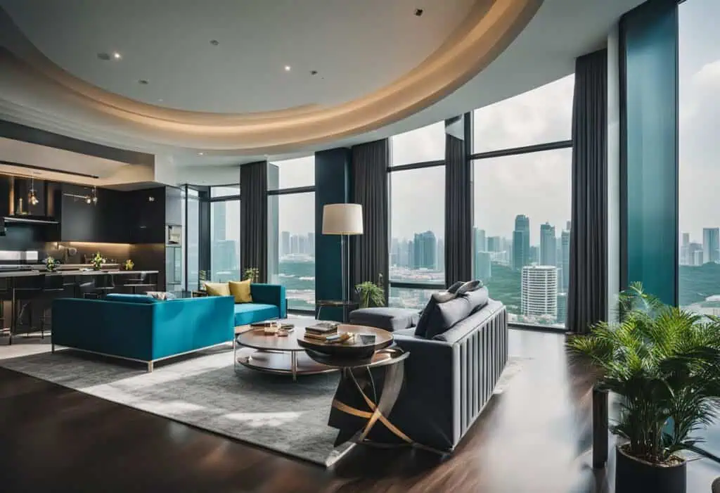 Modern living room with panoramic city views in Singapore.