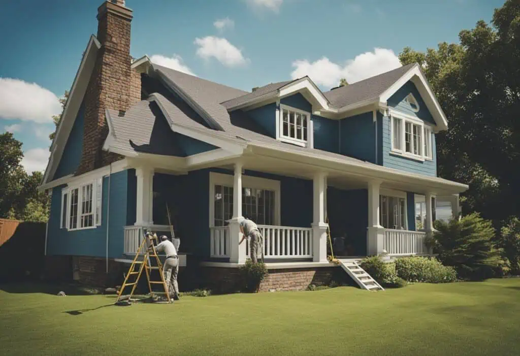 Newly renovated blue house exterior with fresh paint and improved curb appeal.